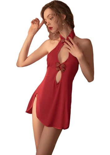 Japanese Anime lingerie Cheongsam Dress Vintage Lace Chemise Side Split cosplay lingerie Nightgown - Red Wine #2