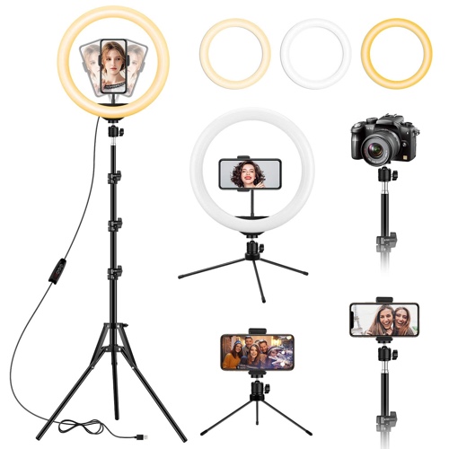 13 inch Ring Light with Floor Tripod and Desk Stand(Ringlight Kit Totally 74" Tall), LED Circle Light with Phone Holder, for Photo Selfie, Video Recording, Zoom Meeting - 13 inch