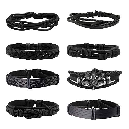 Manfnee 6-12PCS Braided Faux Leather Bracelet Punk Cuff Wrap Bracelets for Men Women Adjustable - G:6pcs
