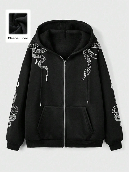 Goth Snake Graphic Zip Up Drawstring Thermal Hoodie