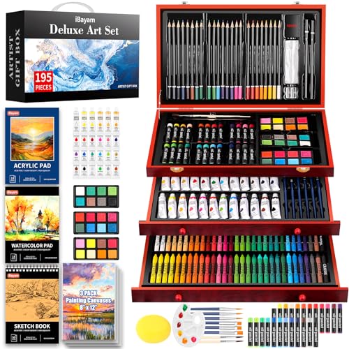 iBayam Deluxe Art Set, 195-Pack Artist Gift Box, Arts and Crafts Drawing Painting Kit Art Supplies for Adults Kids, Art Kits Paint Set with 24 Acrylic Paint, Sketchbook, Canvases, Crayons, Pencils - Reddish Brown