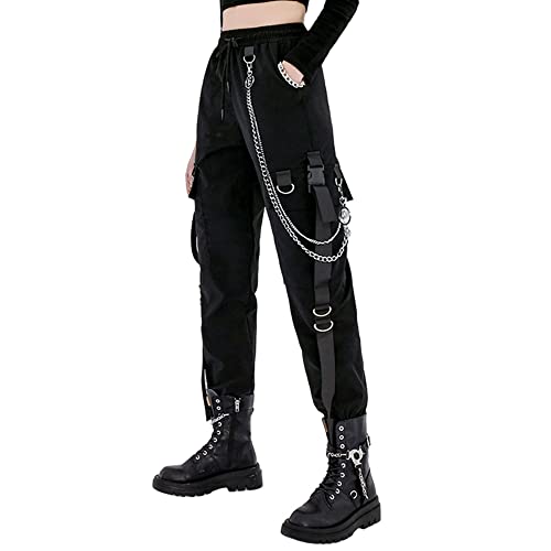 MEINVQIAOTI Black Cargo Pants for Women Techwear Women Loose Street Rock Style Casual Black Pants with Chain Goth Pants - Medium - Black