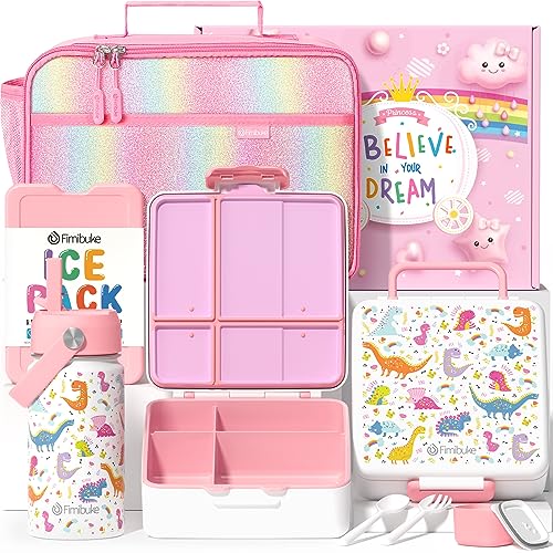 Fimibuke Kids Bento Lunch Box with 4 Compartments, Insulated lunch Bag, Stainless Steel Insulated Water Bottle, Ice Pack & Utensils, Birthday Gifts for Ages 3-12 Back to School Toddler Girls Boys - White Dinosaur