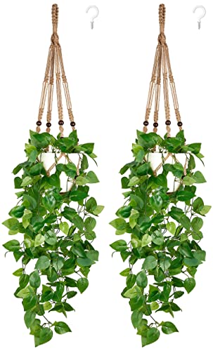 Mkono 2 Packs Fake Hanging Plant with Pot, Artificial Plants for Home Decor Indoor Macrame Plant Hanger with Faux Vine Hanging Planter Greenery for Bedroom Bathroom Office Decor, Brown (Pothos) - Brown - 2