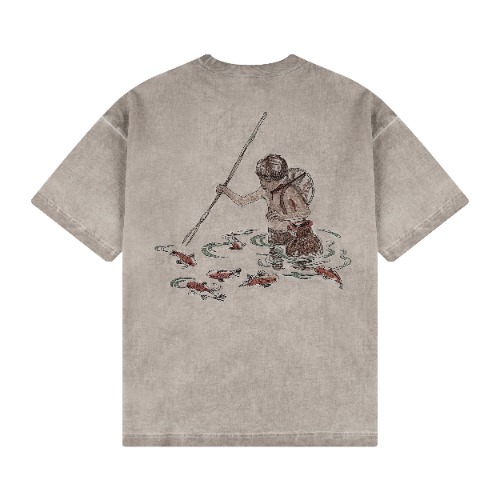 "lotus" T shirt oil washed light grey | large