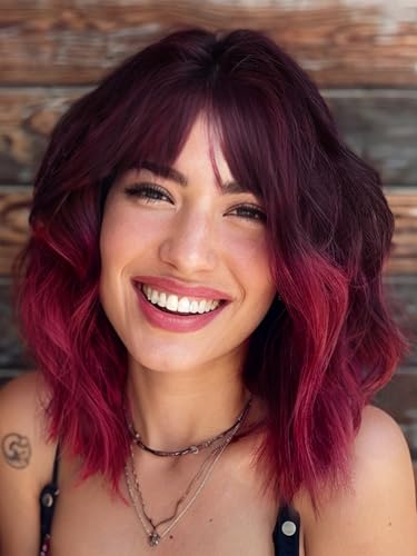 AISI HAIR Synthetic Wavy Curly Bob Wig with Bangs Ombre Dark Red Wig Short Bob Wavy Hair Wigs for Women Synthetic Heat Resistant Bob Wigs - ombre dark red
