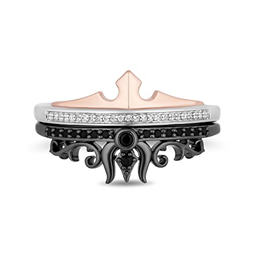 Jewelili Enchanted Disney Fine Jewelry Black Rhodium and Rose Gold Over Sterling Silver 1/5 Cttw Treated Black and Natural White Round Diamonds Aurora and Maleficent Duo Stack Ring - 7
