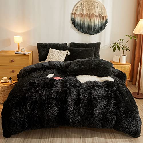 Besfunny Fluffy Black Shaggy Plush Comforter Cover Set,Ultra Soft Faux Fur Duvet Cover Bedding Sets Queen 3 Pieces with Pillow Cases, Black Bed Set Zipper Closure (Black, Queen) - Black - Queen