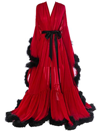 Molisa Womens Sexy Feather Bridal Robe Long Wedding Scarf Illusion Bathrobe Sleepwear Lingerie Robe Nightgown - Small-Medium - Burgundy+black