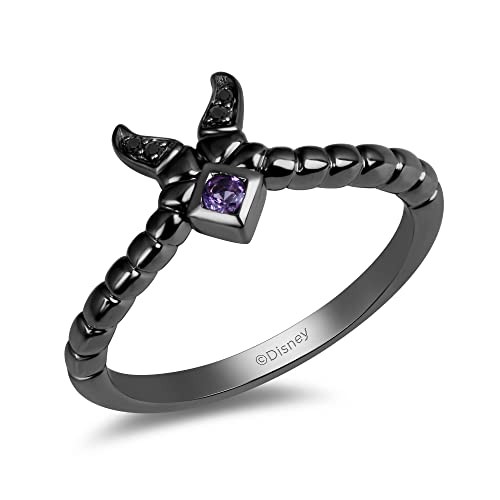 Jewelili Enchanted Disney Fine Jewelry Black Rhodium over Sterling Silver 2MM Round Amethyst and Heat Treated Black Diamond Accent Maleficent Villain Ring - 7