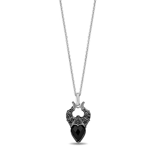 Jewelili Enchanted Disney Fine Jewelry Black Rhodium Over Sterling Silver with 1/6 CTTW Black Diamonds and Black Onyx Maleficent Pendant Necklace