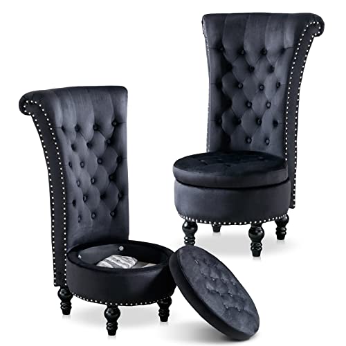 Icoget Gothic Queen of Throne Chair, 2 PCS Velvet High Back Chair w/Nailhead Trim, Button-Tufted Upholstered Royal Retro Armless Accent Chair w/Storage Space for Living Room, Black - Black*2 W/Rivets