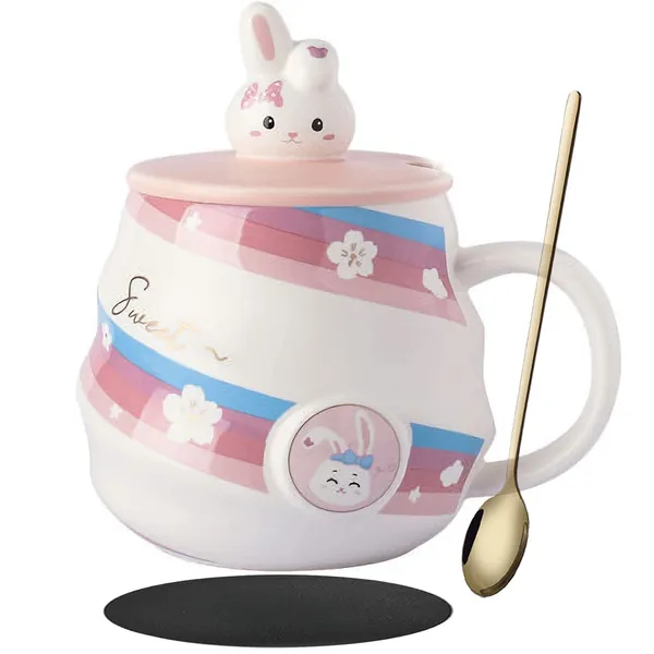 Arawat Tasse Kaninchen 3D Tasse Hase Geschenk Lustige Kaffeetasse Keramik 450ml Pink Teetasse mit Löffel & Untersetzer Süße Tee Kaffee Becher Cute Geburtstagsgeschenk für Freundin Frauen Mädchen - Hase Kafeetasse