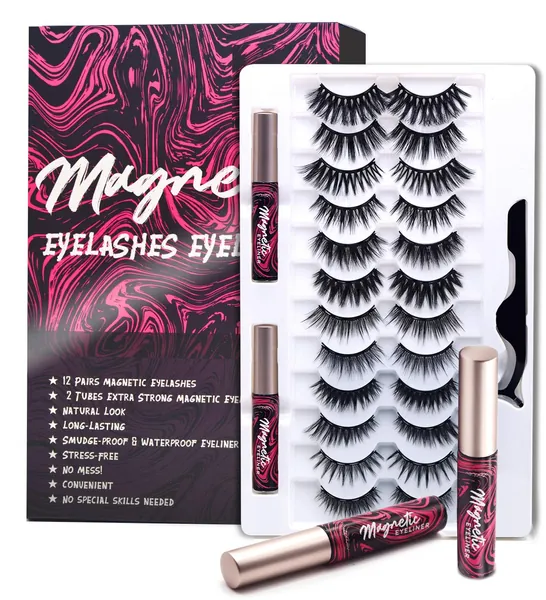 Magnetische Wimpern mit Eyeliner, 3D magnetic lashes (Natürlich) Magnetischer Eyeliner (Extra starker Halt) Wiederverwendbare Falsche Magnetic Eyelashes, Wasserdichtem Langlebigem - 12 Paare - 