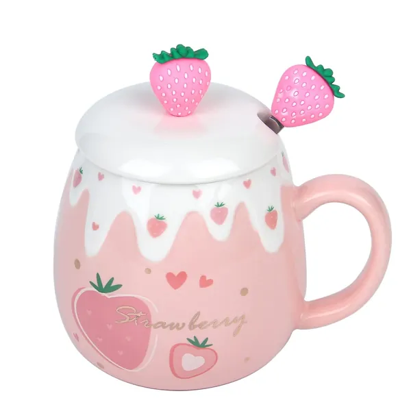 Rosa Tasse, Süße Erdbeertasse Mit Deckel und Löffel, Kaffeetasse aus Keramik, Kawaii-Pokal für Teemilch, Frau Mädchen Student koreanische Art 450ml Weihnachten Geburtstagsgeschenk (Große Erdbeere) - Große Erdbeere