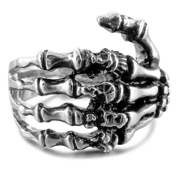 INBLUE Men's Stainless Steel Ring Band Silver Tone Black Skull Hand Bone - Style A: Silver 10