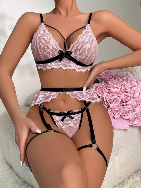 Floral Lace Harness Garter Lingerie Set