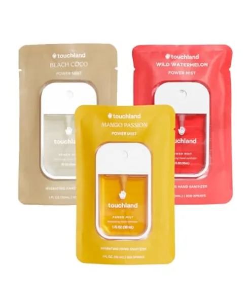 Touchland Power Mist Hydrating Hand Sanitizer Spray, TROPICAL 3-PACK (Mango Passion + Beach Coco + Watermelon), 500-Sprays each, 1FL OZ Travel Size (Set of 3)
