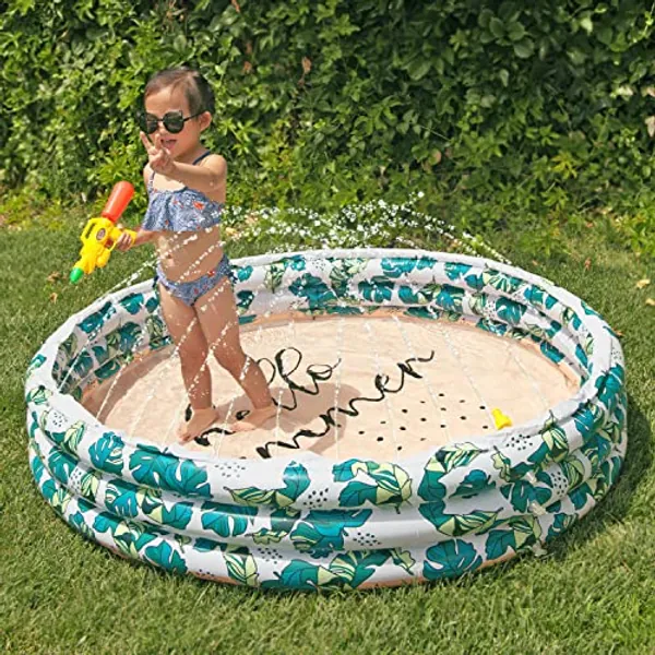 Float Joy Kiddie Pool Inflatable Water Sprinkler for Kids Swimming Pool Toddler Dog Splash Pad Outdoor Play 60"x15" Large 3 in 1 Pool for Summer Backyard Garden Water Activities Suntan
