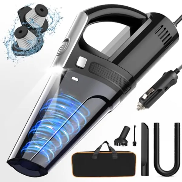DRECELL Car Vacuum, Portable  Car Vacuum Cleaner with 7000PA Suction, DC 12V High Power 16.4Ft Cord Wired Vacuum Cleaner for Car, LED Light, Lightweight, 0.33L Capacity, Storage Bag