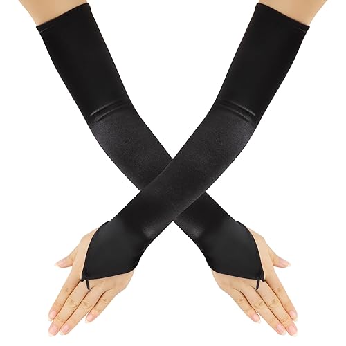 DAJISI Long Gloves, Elbow Length Opera Gloves Stretchy Large Satin Gloves Fingerless Long Gloves for Women for Dance Parties Wedding Tea Party Cosplay Costume - black