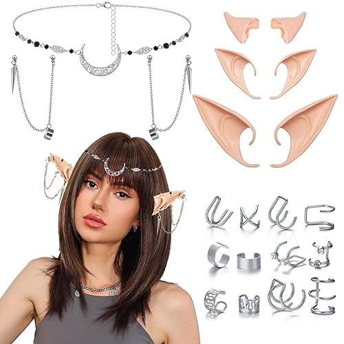 Tbczvx 21 Pcs Elf Ears Set, Fairy Ears with 14 Pcs Earrings and Moon Headband, Cosplay Halloween Party Live Broadcast Props, Soft Alien Ears Silvery Earrings Set Anime Party Dress Up Costume