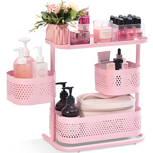 KINGRACK Bathroom Counter Organizer Storage Shelf, 3 Tier Rotating Desktop Makeup Organizer, Vanity Tray Standing Rack for Bathroom (Pink) - Pink