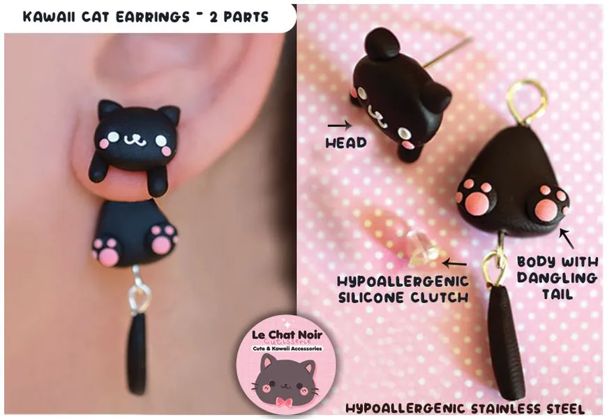 Kawaii Earrings Cat Stud, black cute cat jewelry gift, kitten stud for cat lover, polymer clay handmade