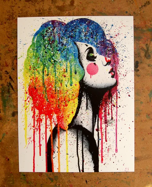 Masked 2 Sad Clown Girl Pop Art Rainbow Splatter Portrait Colorful Painting Signed Print by Carissa Rose - 5x7, 8x10, or Apprx 11x14 inch