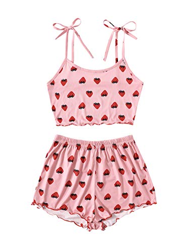 SweatyRocks Women's Summer Strawberry Print Cami Top and Shorts Sleepwear Pajamas Set - Small - Strawberry Pink