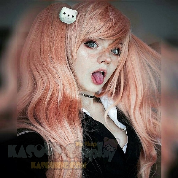 90cm / 35.5&quot; Danganronpa Junko Enoshima long coral pink cosplay wig with 2 clip on layers fluffy ponytails. SP22