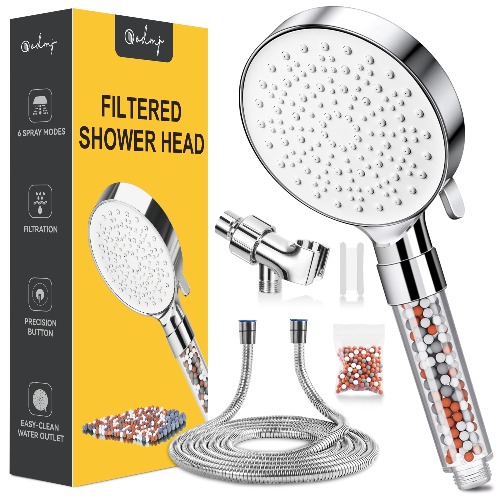 Filtered Shower Head, ODMJ Shower Head with 6 Spray Modes, High Pressure Shower Head with 59" Hose and Bracket, Hand Held Shower Head Filter for Hard Water, Water Saving Spray Soft Spa Shower Head - Silver
