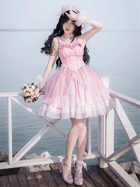 [$49.00]Pink Roses Neckline Vintage Corset Waist Dress