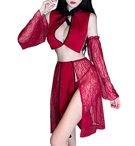 SINROYEE Women's Sexy Asian RolePlay Suit Cosplay Hanfu Cheongsam Dress Anime Lingerie Costumes - #58 Red