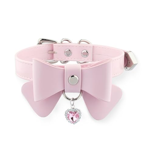 ADEMISHIA Women Leather Bow Choker Collar With Heart-shape Rhinestone, Adjustable Cute Kitten Bow Necklace For Girls - PINK