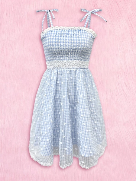 ROMWE Kawaii Floral & Gingham Print Tie Shoulder Cami Dress