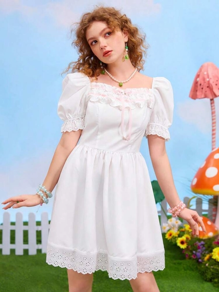 ROMWE Kawaii Contrast Eyelet Embroidery Puff Sleeve Dress