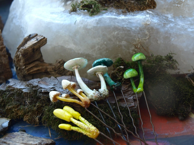 Set of 5 handmade polymer clay realistic Mushroom Hair Pins ~ Forest Inspired Jewelry ~ Witchy Accessories