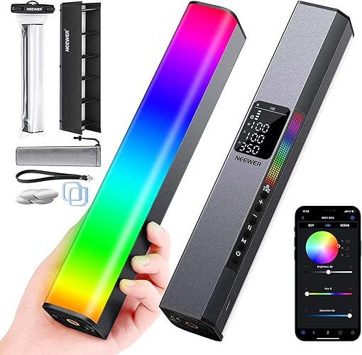 NEEWER RGB LED Video Light Stick, Touch Bar & APP Control, Magnetic Handheld Photography Lighting Wand, Dimmable 3200K~5600K CRI98+ Full Color LED Light with 6400mAh Battery, 17 Scenes, RGB1 - RGB1-Silver