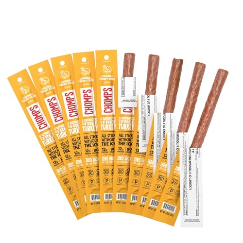Chomps Original Turkey Jerky Meat Snack Sticks 10-Pack - Keto, Paleo, Low Carb, Whole30 Approved, 12g Lean Meat Protein, Gluten Free, Antibiotic Free, Zero Sugar Food - Original Turkey