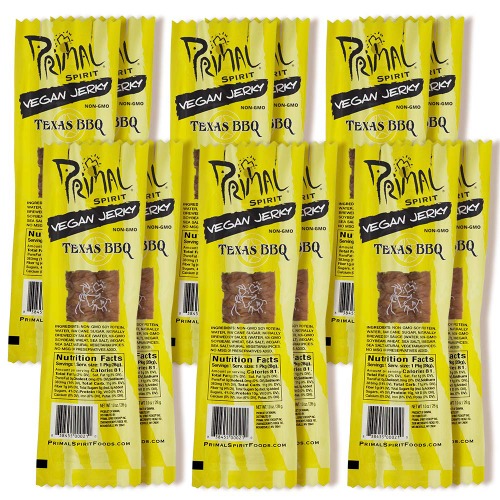Primal Spirit Vegan Jerky – “Classic Flavor” – Texas BBQ, 10 g. Plant Based Protein, Certified Non-GMO, No Preservatives, Sports Friendly Packaging (12 Pack, 1 oz) - Texas Barbecue 1 Ounce (Pack of 12)
