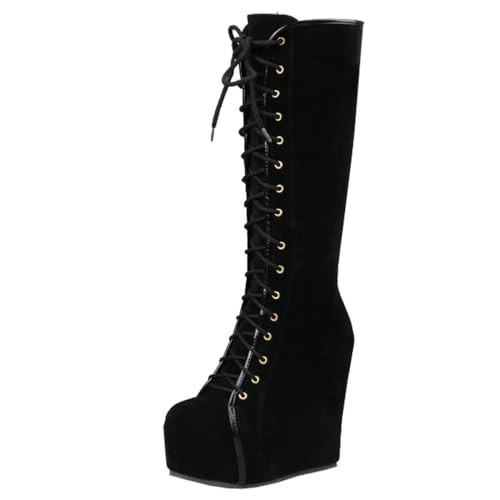 Parisuit Women's Knee High Goth Platform Buckle Boots Chunky High Heel Lace Up Punk Combat Boots with Chain - 6 - Hidden Wedge Black