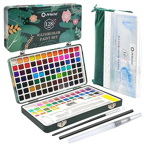 Artecho Watercolor Paint Set 128 Colours in Portable Box with Water Colour Pallet, Watercolour Papers and Brushes, Ideal for Adults, Artists and Hobbyists - 128 Basic Colors