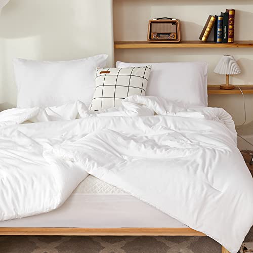 Litanika White Comforter Set Queen Size, 3 Pieces Boho Lightweight Solid Bedding Set & Collections, All Season Fluffy Bed Set (90x90In Comforter & 2 Pillowcases) - Queen (90"x90") - White