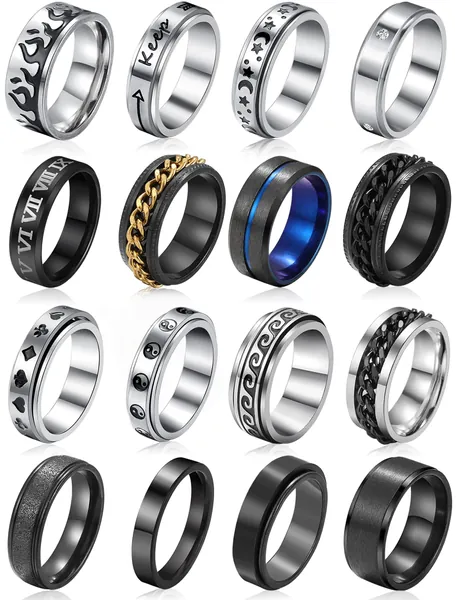 Stainless Steel Fidget Rings for Men, Sliver Fidget Rings for Anxiety for Women, Cool Spinner Ring Set, Black Mens Wedding Band Ring Pack - 7
