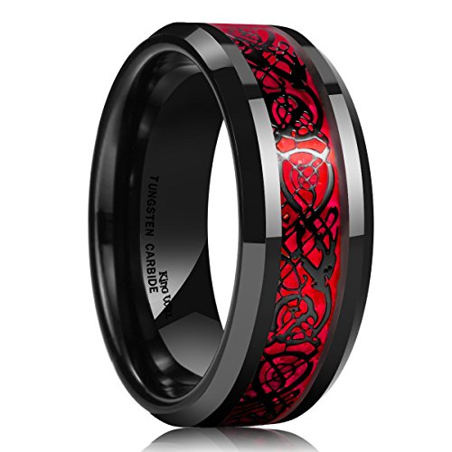 King Will Men's 8mm Green/Red/Blue/Purple Carbon Fiber Black Celtic Dragon Tungsten Carbide Ring Comfort Fit - Red 8mm - 7