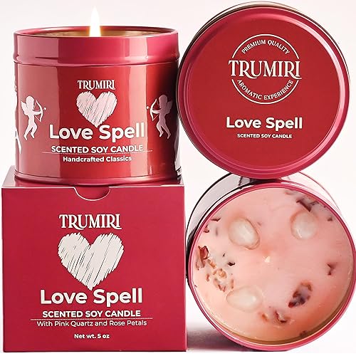 Love Spell - Scented Candles for Women & Men with Rose Petals and Crystals - 5oz Soy Clean Organic Non Toxic - Velas Aromáticas - Aromatherapy Spa Valentines Gift Home Décor Aesthetic Candel - Love Spell
