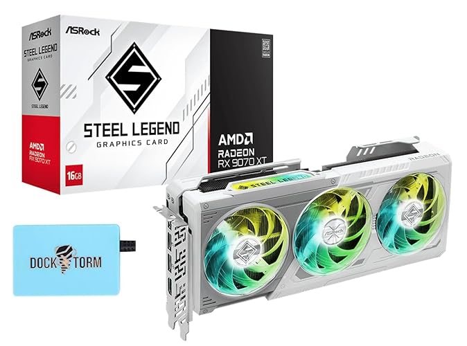 ASRock AMD Radeon RX 9070 XT Steel Legend 16GB, Boost Clock Up to 2970 MHz / 20 Gbps, Game Clock 2400 MHz / 20 Gbps, 16GB GDDR6 on 256-Bit Memory Bus, AMD RDNA™ 4 Architecture, Bundle w/Dockztorm Hub