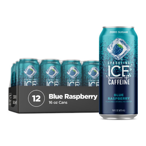 Sparkling Ice +Caffeine Blue Raspberry Sparkling Water, with Antioxidants and Vitamins, Zero Sugar, 16 Fl Oz (Pack of 12) - Blue Raspberry