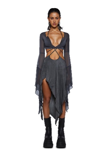 Echo Asymmetrical Mesh Wrap Dress | DARK GRAY / Small